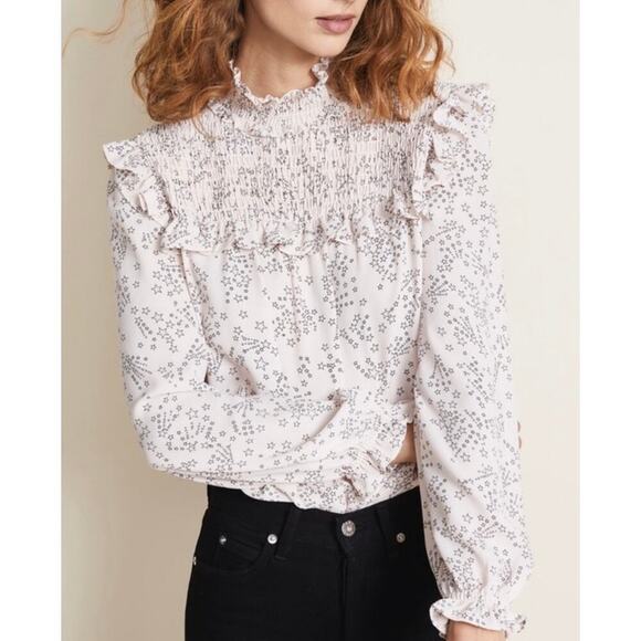 Rebecca Minkoff Sharon Smocked Ruffled Star-Print Top In Blush Pink Size Large - Picture 1 of 12